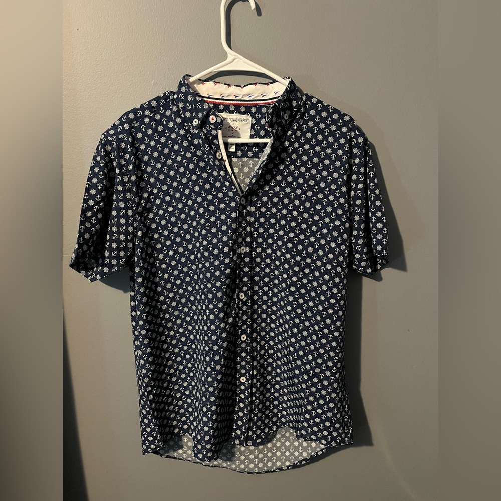 Navy Blue Nautical Short Sleeve Button Up